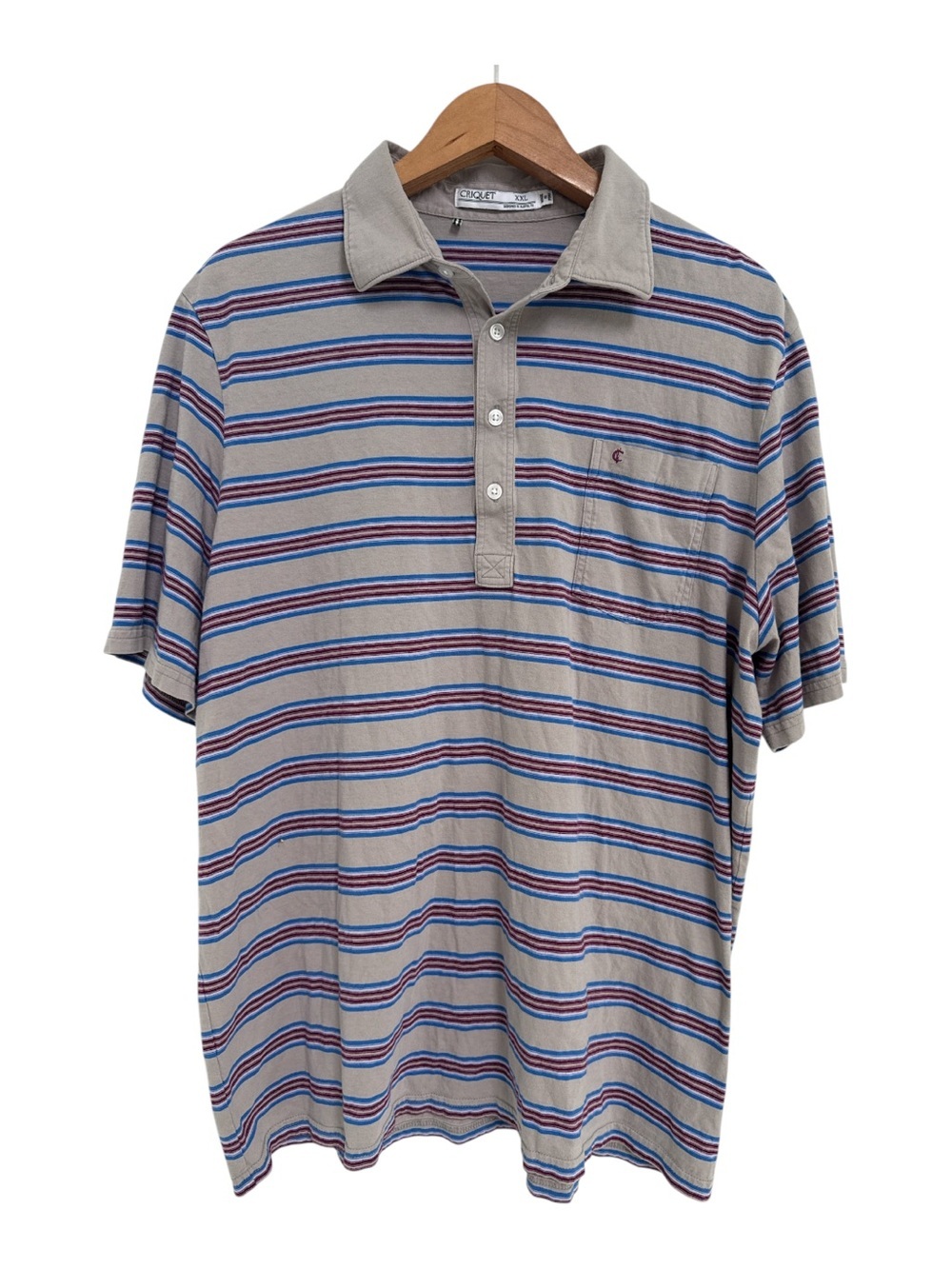 Criquet Men’s Striped Golf Polo Shirt in Taupe with Blue & Red Stripes